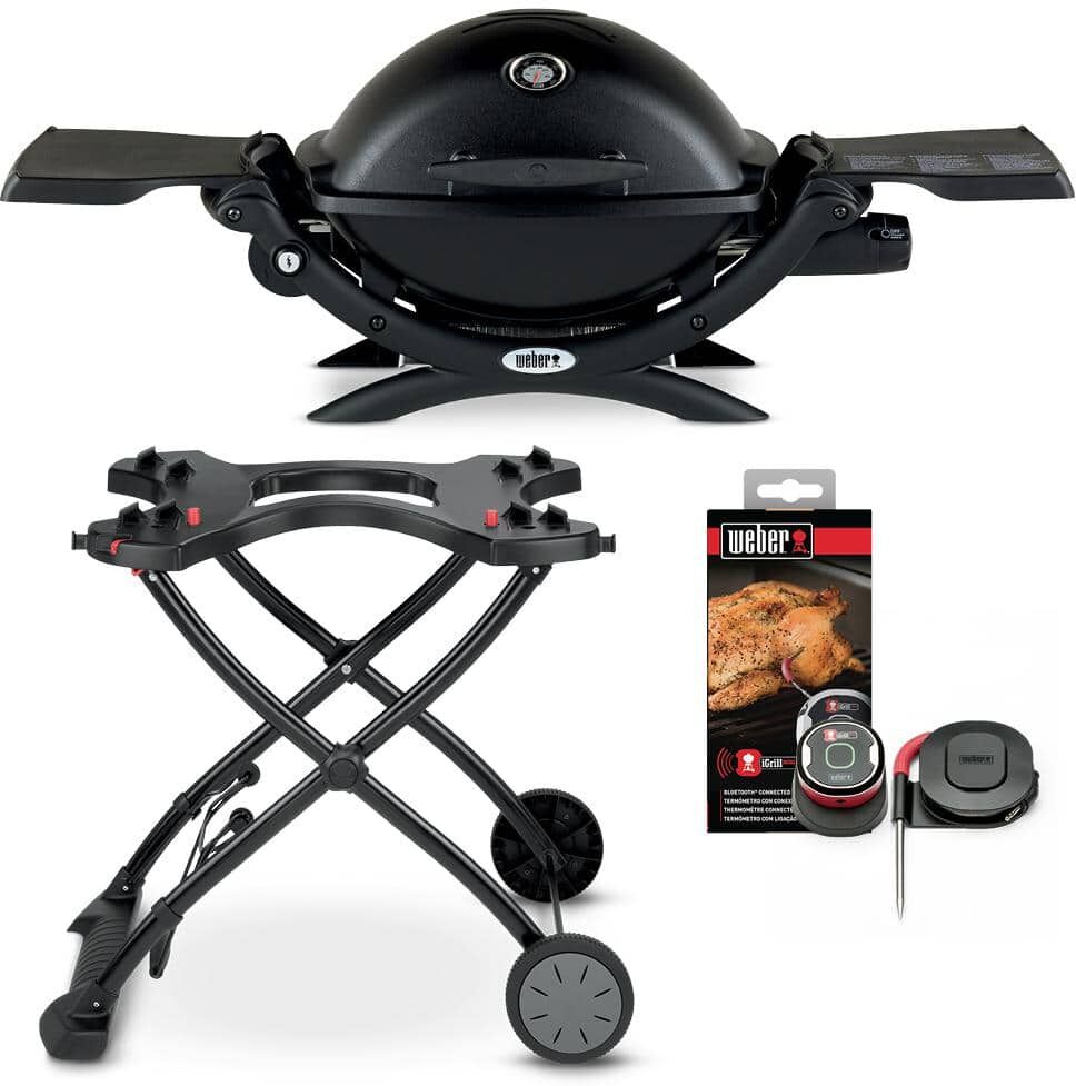 Weber Q 1200 1-Burner Portable Propane Gas Grill Combo in Black with Rolling Cart and iGrill Mini