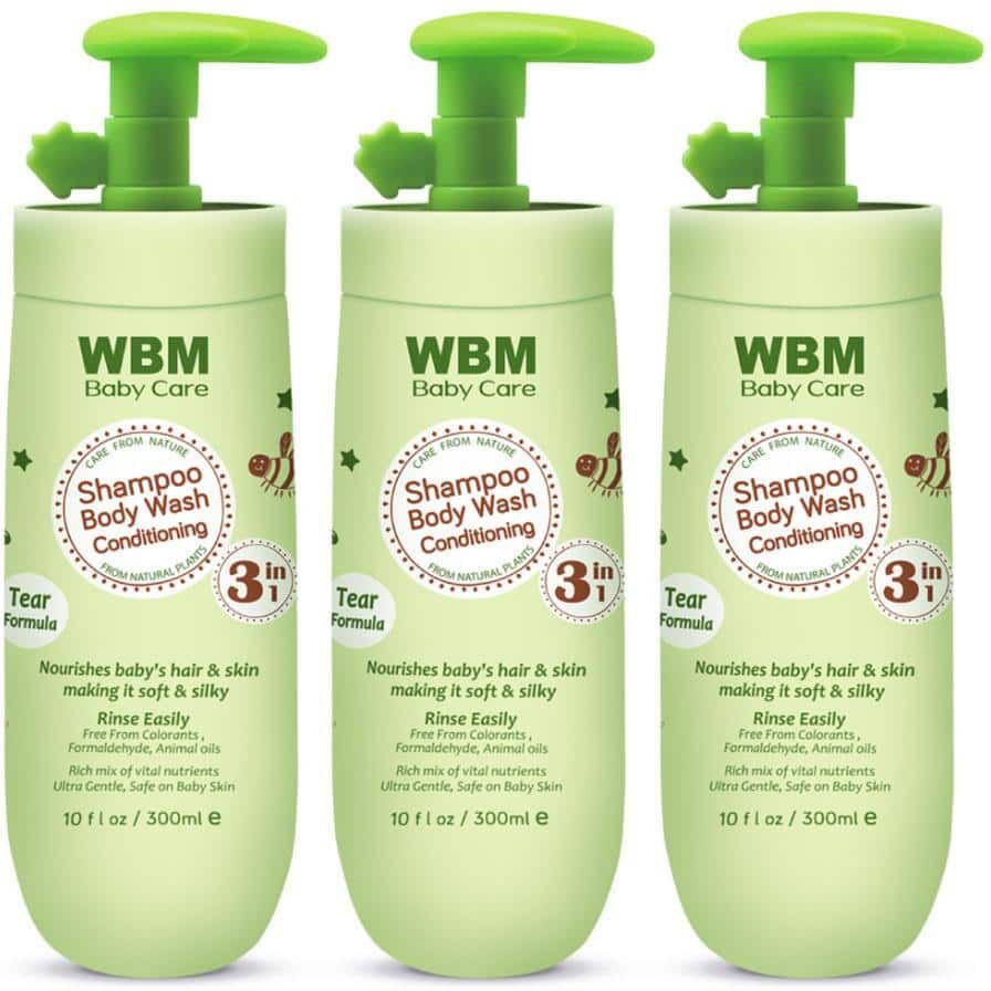 WBM 3 in 1 Baby Shampoo with Honey, Wheatgerm and Organic Olive Oil-Nourishes Baby Hair with No Tear Formula (3 Pack)