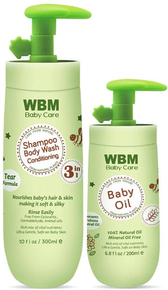 WBM Baby Essentials Gift Set 3-in-1 Shampoo 10 oz. and Baby Oil 6.8 oz. for Sensitive Skin and Hair, Tear-Free