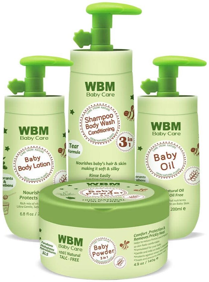 WBM Newborn Essentials Gift Set, 3 in 1 Baby Shampoo Conditioner and Body Wash, Baby Lotion, Baby Oil and Baby Powder