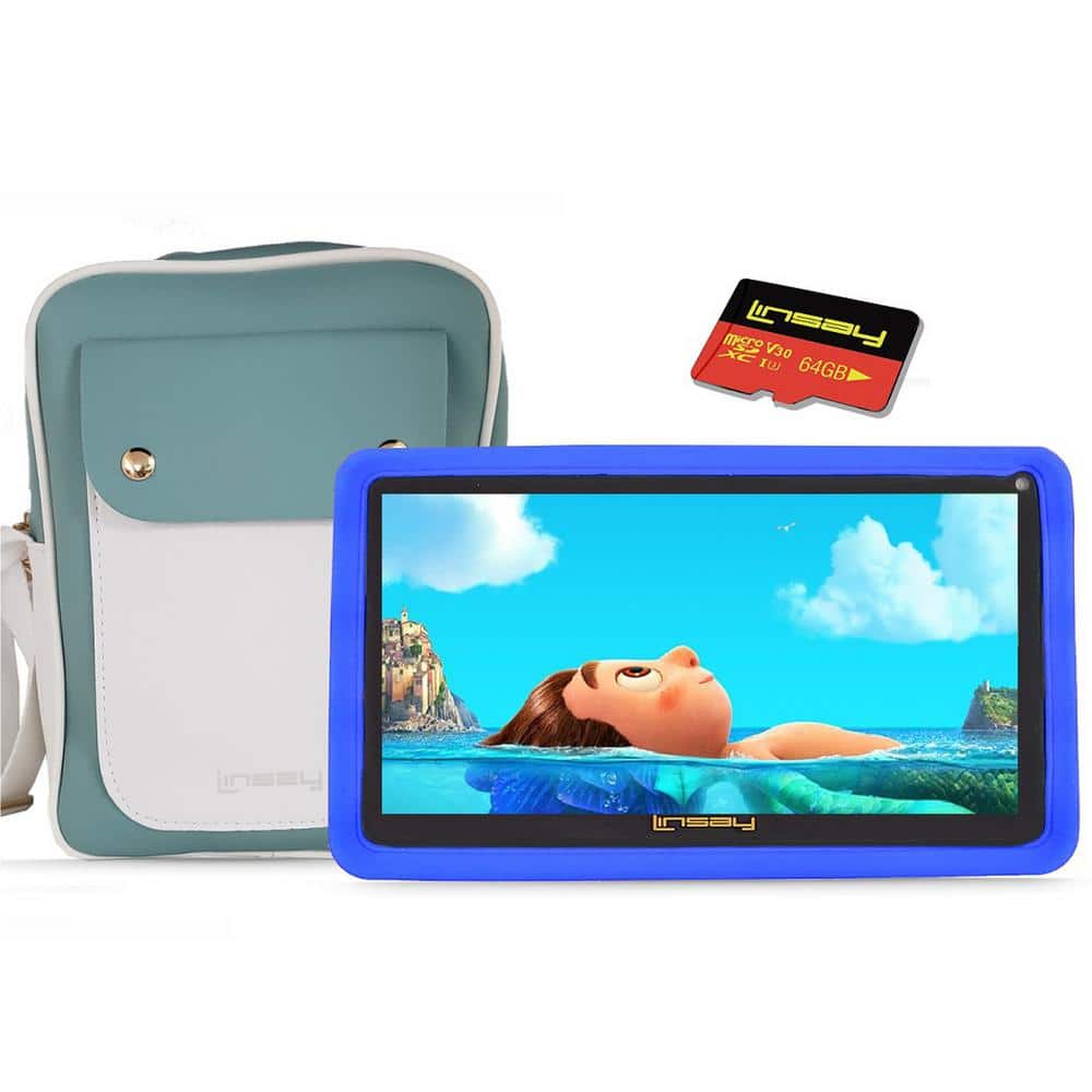 LINSAY 7 in. 2GB RAM 32GB Storage Android 12 Tablet with Blue Kids Defender Case, Fashion Bag and 128GB Micro SD Card