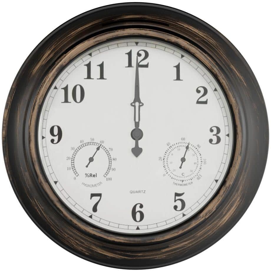 Pure 18 in. Antique Bronze Thermometer and Hygrometer Indoor/Outdoor Quartz Wall Clock