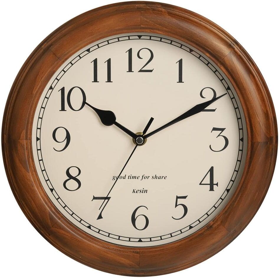 11 in Brown Round Wall Clock Battery Operated Silent Non-Ticking