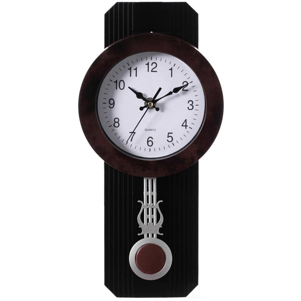 CLOCKWISE Traditional Black Round Wood- Looking Pendulum Plastic Wall Clock for Living Room, Kitchen, or Dining Room