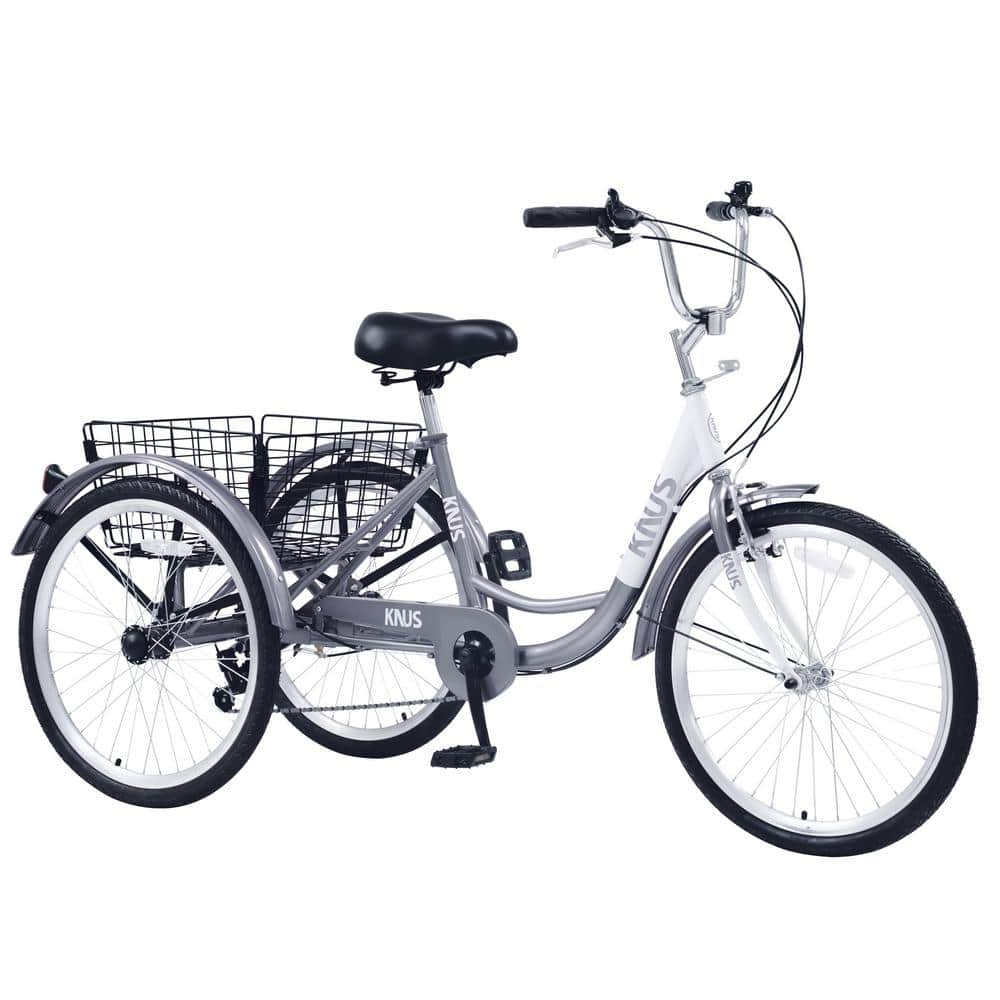 Zeus & Ruta 24 in. Silver 7 Speed Cruiser Bicycles with Large Shopping Basket for Women and Men