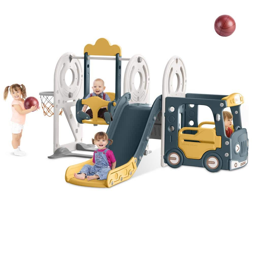 SEEUTEK Nylene 7 ft. Blue Yellow Toddler Slide Indoor Outdoor Backyard Playground Baby Slide Toy
