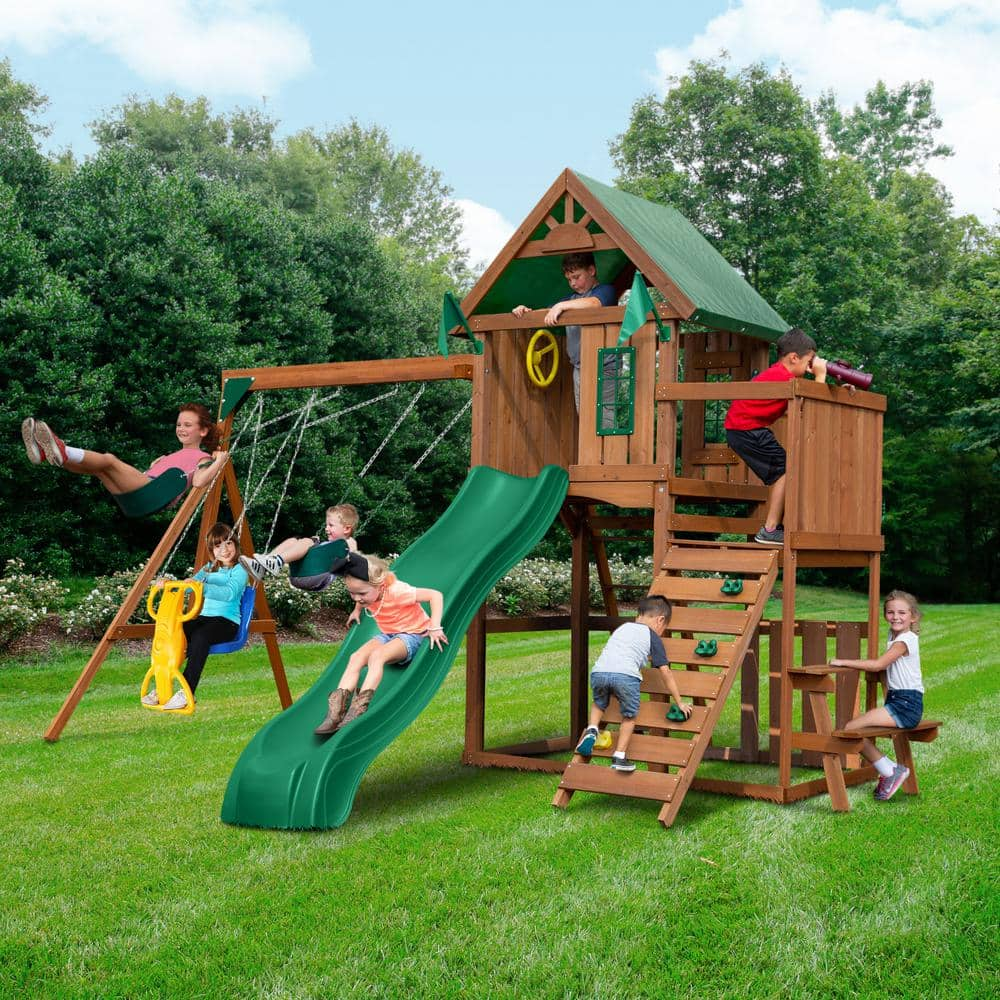 Swing-N-Slide Playsets Knightsbridge Complete Wooden Outdoor Playset with Rock Wall, Wave Slide, Tarp Roof and Swing Set Accessories