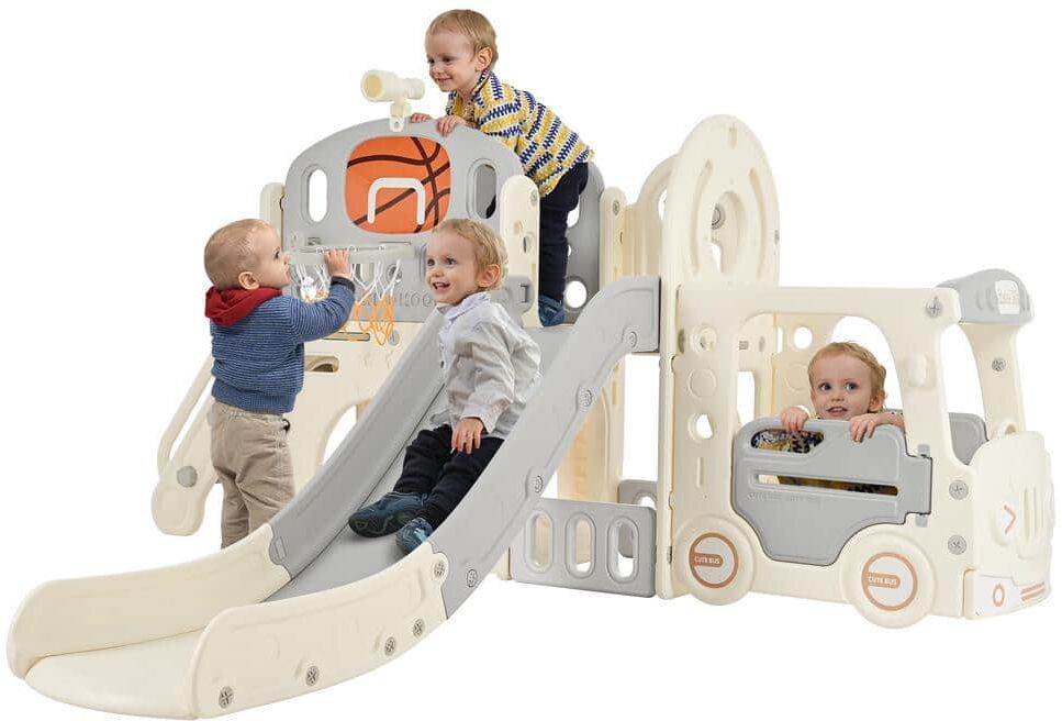 TIRAMISUBEST Kids Slide Playset Structure 9-in-1, Gray Freestanding Castle Climbing Crawling Playhouse Toy Storage for Toddlers