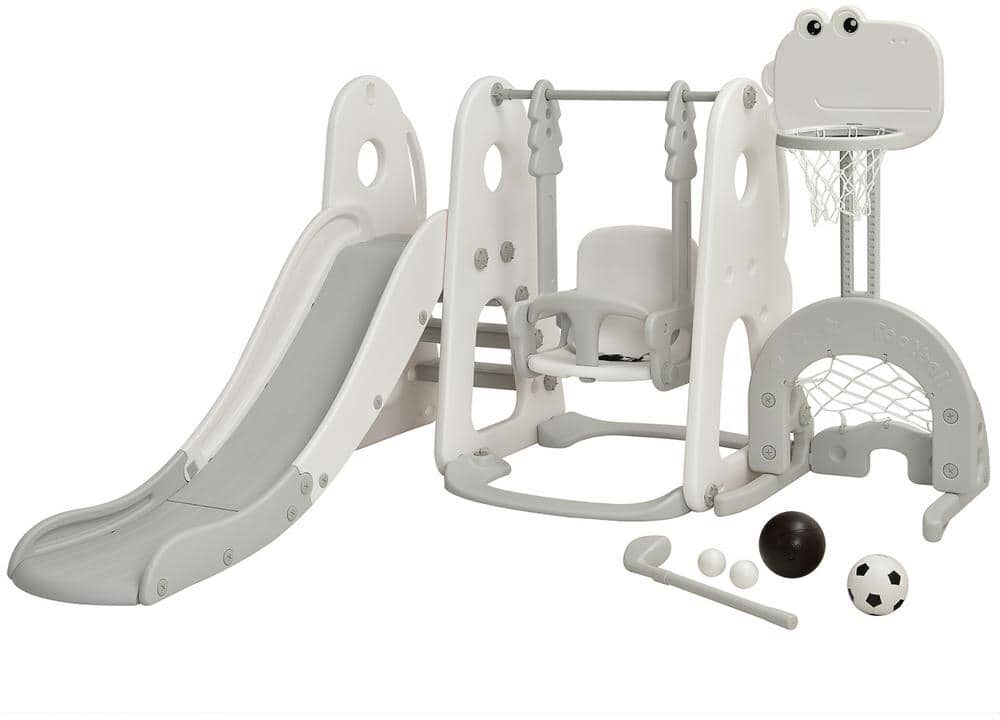 Costway 6-in-1 White Toddler Slide and Swing Set Climber Playset w/Ball Games