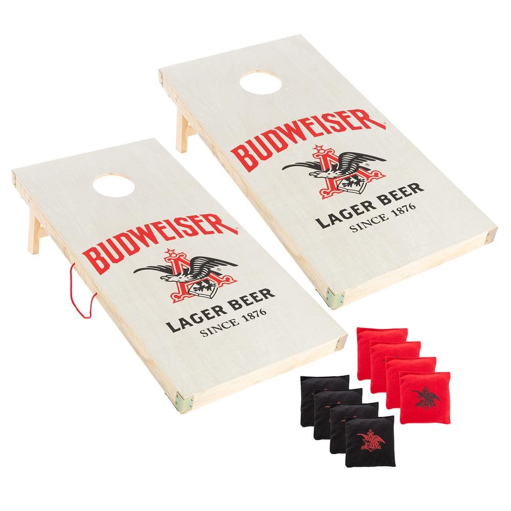 Budweiser Cornhole Bean Bag Toss Game - Vintage Logo Design Wood Corn Hole Boards with 8 Red and Black Beanbags