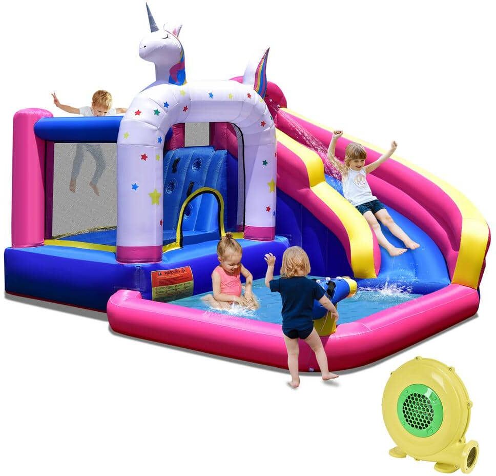 Costway Unicorn Theme Inflatable Water Slide Kids Bounce Castle Bounce House with 480-Watt Air Blower