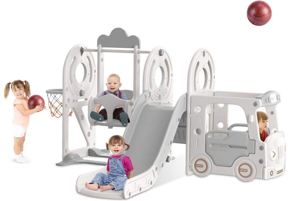 SEEUTEK Nylene 7 ft. Beige Gray Toddler Slide Indoor Outdoor Backyard Playground Baby Slide Toy