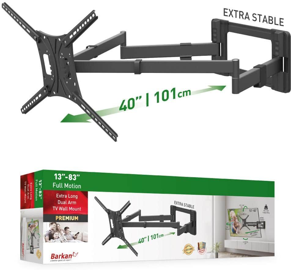 Point of View Barkan 13 in. - 80 in. Full Motion - 4 Movement Extra-Long Dual Arm Flat/Curved TV Wall Mount Black Extremely Extendable