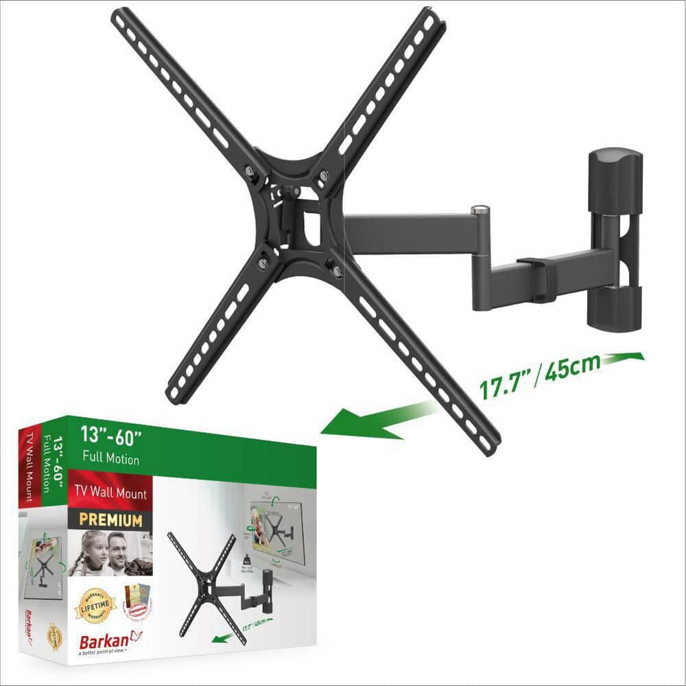 Point of View Barkan 29" to 56" Full Motion - 4 Movement Flat / Curved TV Wall Mount, Black, Patented, Touch & Tilt, Screen Leveling