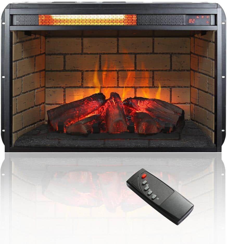 Runesay Vintage 26 in. Infrared Quartz Heater Electric Fireplace Insert Woodlog Version with Brick, Realistic Flame