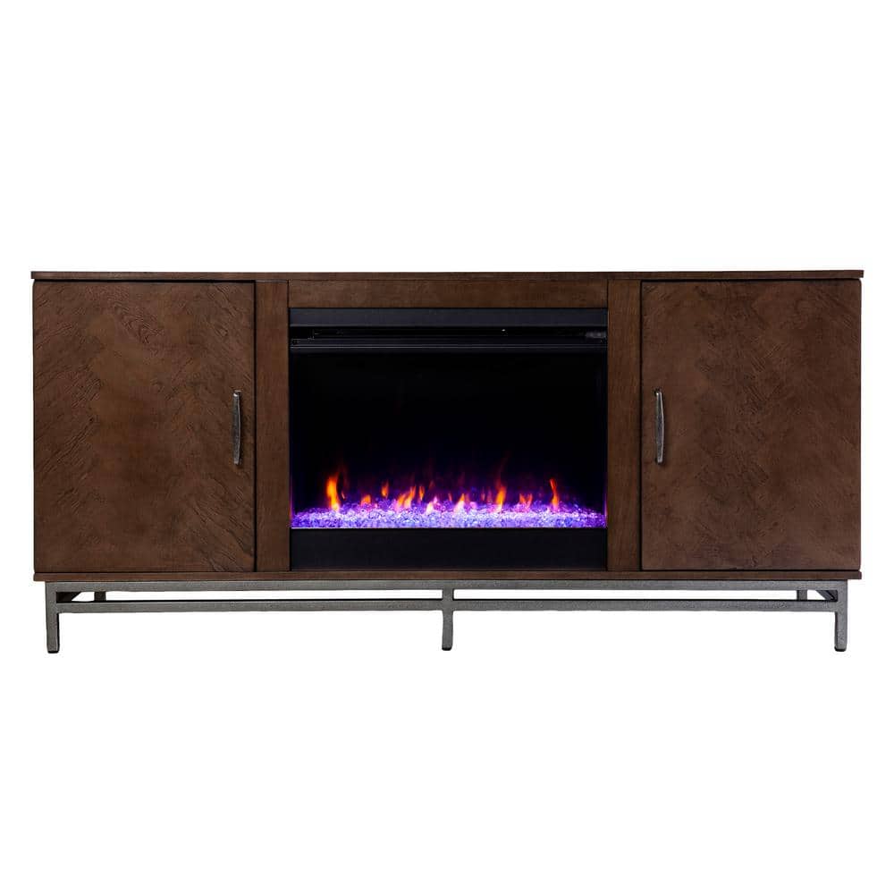 Southern Enterprises Oliver 60 in. Color Changing Electric Fireplace in Brown with Matte Silver