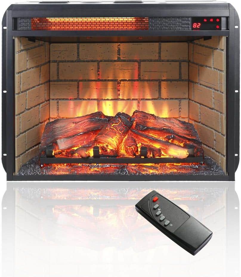 Runesay Vintage 23 in. Infrared Quartz Heater Electric Fireplace Insert Woodlog Version with Brick, Realistic Flame