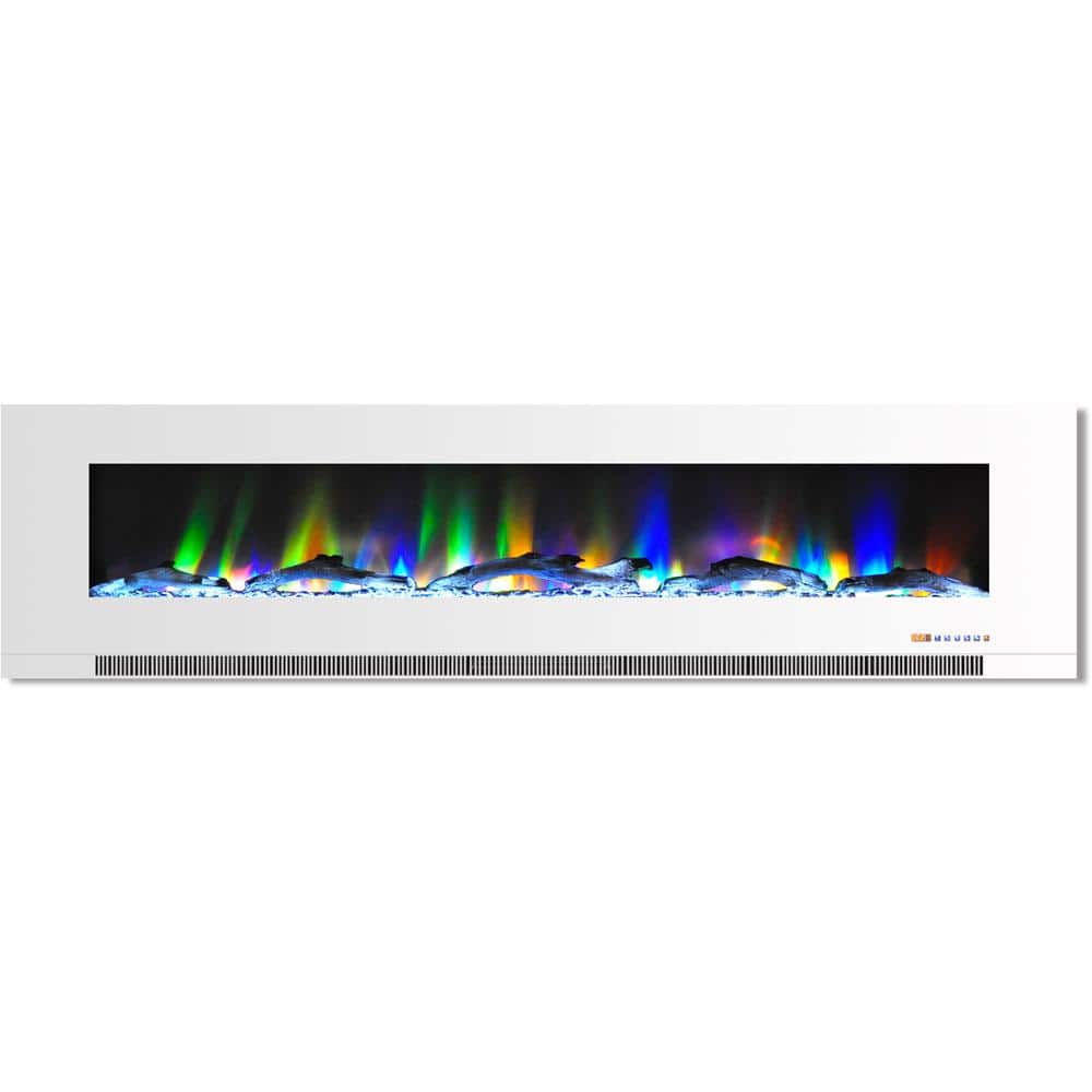 Cambridge 78 in. Wall-Mount Electric Fireplace in White with Multi-Color Flames and Driftwood Log Display