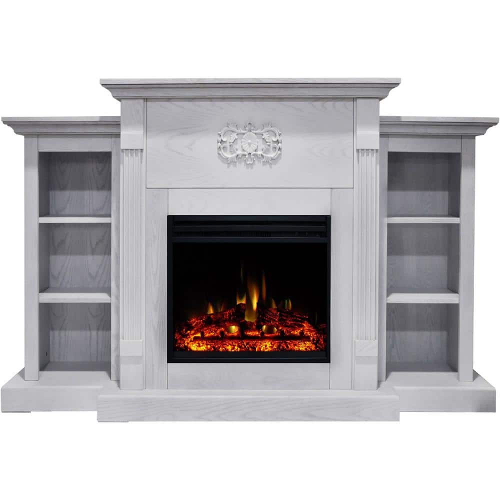 Cambridge Sanoma 72 in. Electric Fireplace Heater in White with Mantel, Bookshelves, Enhanced Multi-Color Log Display and Remote