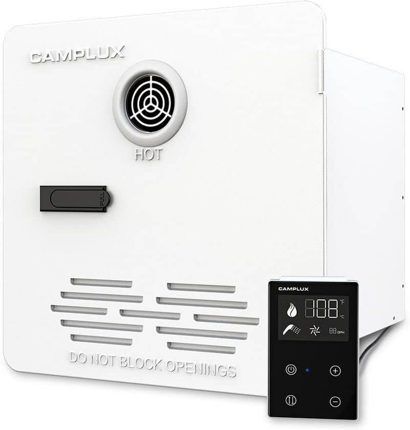 CAMPLUX ENJOY OUTDOOR LIFE Camplux 65,000 BTU 2.9 GPM RV Tankless Water Heater Pro Series with Door and Indoor Switch, White