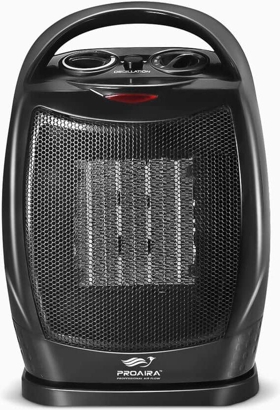 PROAIRA 750-Watt /1500-Watt in Black Portable Oscillating Ceramic Heater with Tip-Over Safety Switch and Handle