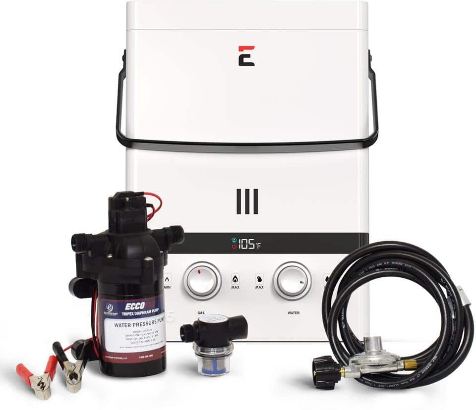 Eccotemp Luxe 1.5 GPM Outdoor Portable Gas Tankless Water Heater with EccoFlo Diaphragm 12-Volt Pump and Strainer