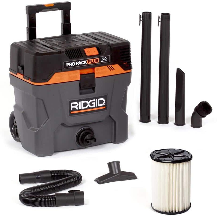 RIDGID 10 Gallon 5.0 Peak HP ProPack Plus Wet/Dry Shop Vacuum with Filter, Expandable Locking Hose and Accessories