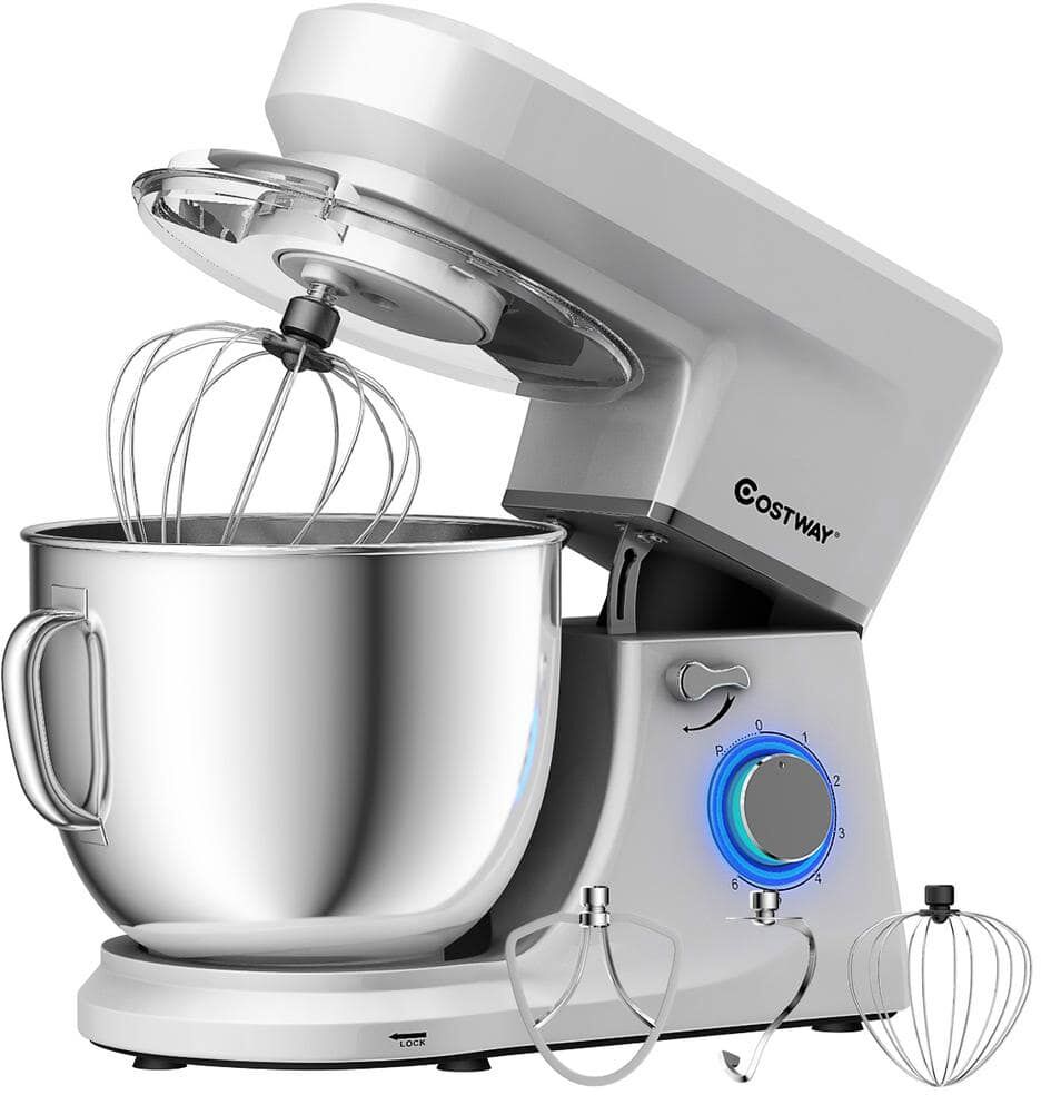 Costway 660W 7.5 qt. . 6-Speed Silver Stainless Steel Stand Mixer with Dough Hook Beater