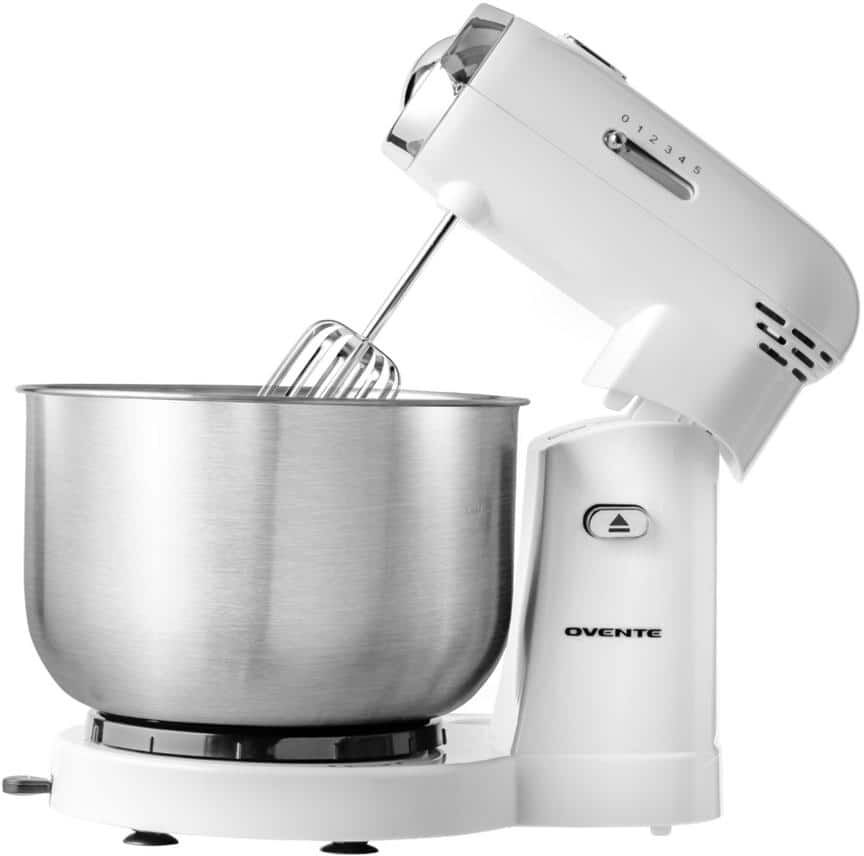 OVENTE Electric Stand Mixer 3.5 qt., 5 Speed Control, 250-Watt with 2 Blender Attachment Egg Beater Whisk and Dough Hook White