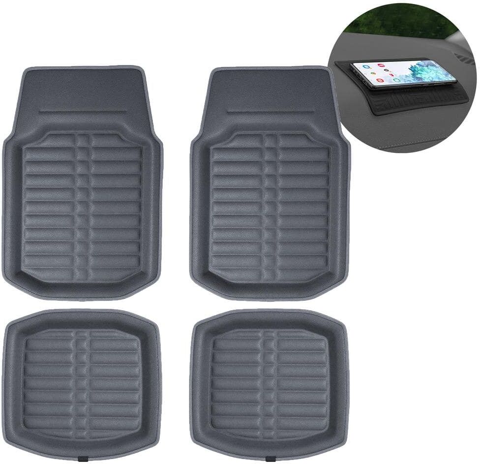 FH Group Gray Faux Leather Liners Deep Tray Car Floor Mats with Anti-Skid Backing - Full Set