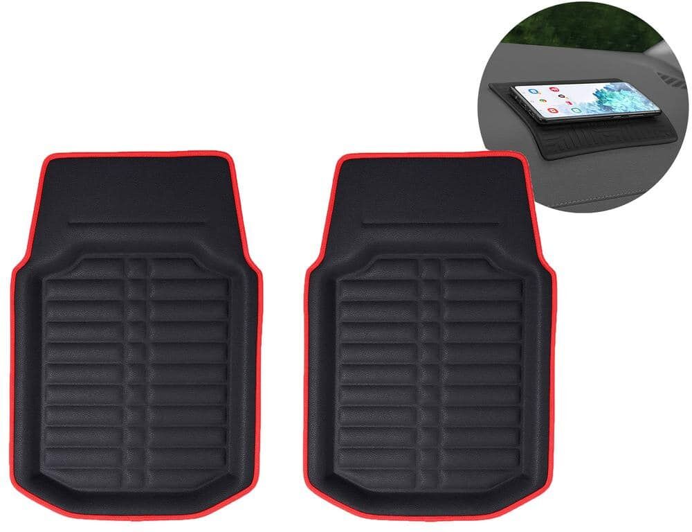 FH Group Red Black Faux Leather Liners Deep Tray Car Floor Mats with Anti-Skid Backing - Front Set