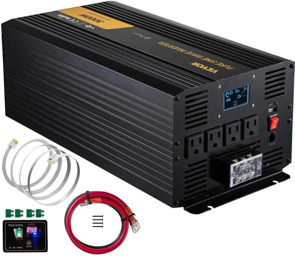 VEVOR Pure Sine Wave Power Inverter 3000-Watt Car Inverter DC 24-Volt to AC 120-Volt with USB Port LCD Display Remote Control