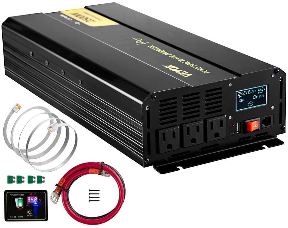 VEVOR Pure Sine Wave Inverter 2500-Watt Car Power Converter DC 24-Volt to AC 120-Volt with USB Port LCD Display Remote Control