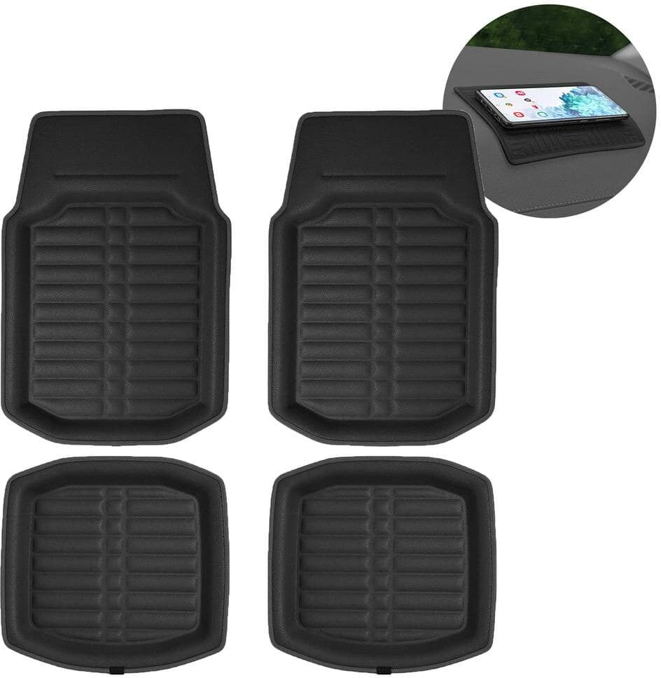 FH Group Black Faux Leather Liners Deep Tray Car Floor Mats with Anti-Skid Backing - Full Set