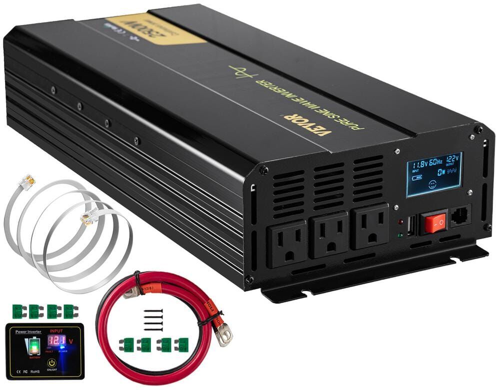 VEVOR Pure Sine Wave Power Inverter 2500-Watt Car Inverter DC 12-Volt to AC 120-Volt with USB Port LCD Display Remote Control