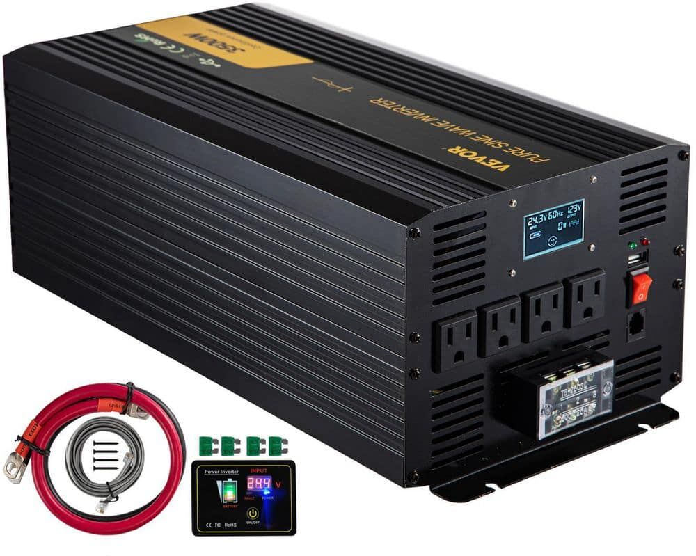 VEVOR Pure Sine Wave Inverter 3500-Watt Car Power Converter DC24-Volt to AC120-Volt with USB Port, LCD Display Remote Control