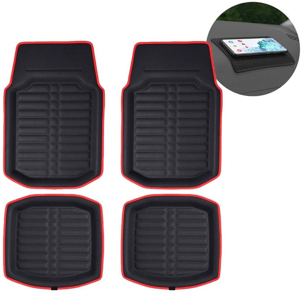 FH Group Red Black Faux Leather Liners Deep Tray Car Floor Mats with Anti-Skid Backing - Full Set