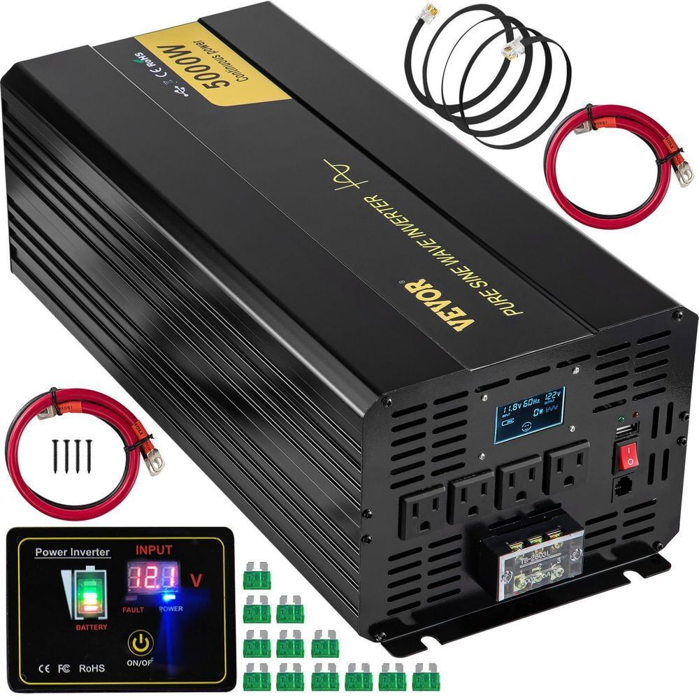 VEVOR 5000-Watt DC 12V to AC 120V Pure Sine Wave Inverter Car Converter w/ LCD Display USB Port Remote Controller for Car RV