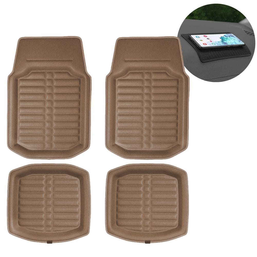 FH Group Beige Faux Leather Liners Deep Tray Car Floor Mats with Anti-Skid Backing - Full Set