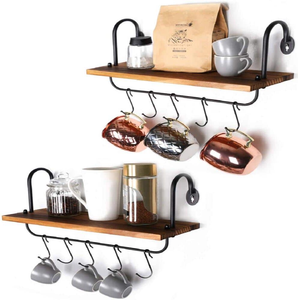 Floating Wall Shelves for Kitchen Bathroom Coffee Nook with 10 Adjustable Hooks for Mugs Cooking Utensils or Towel