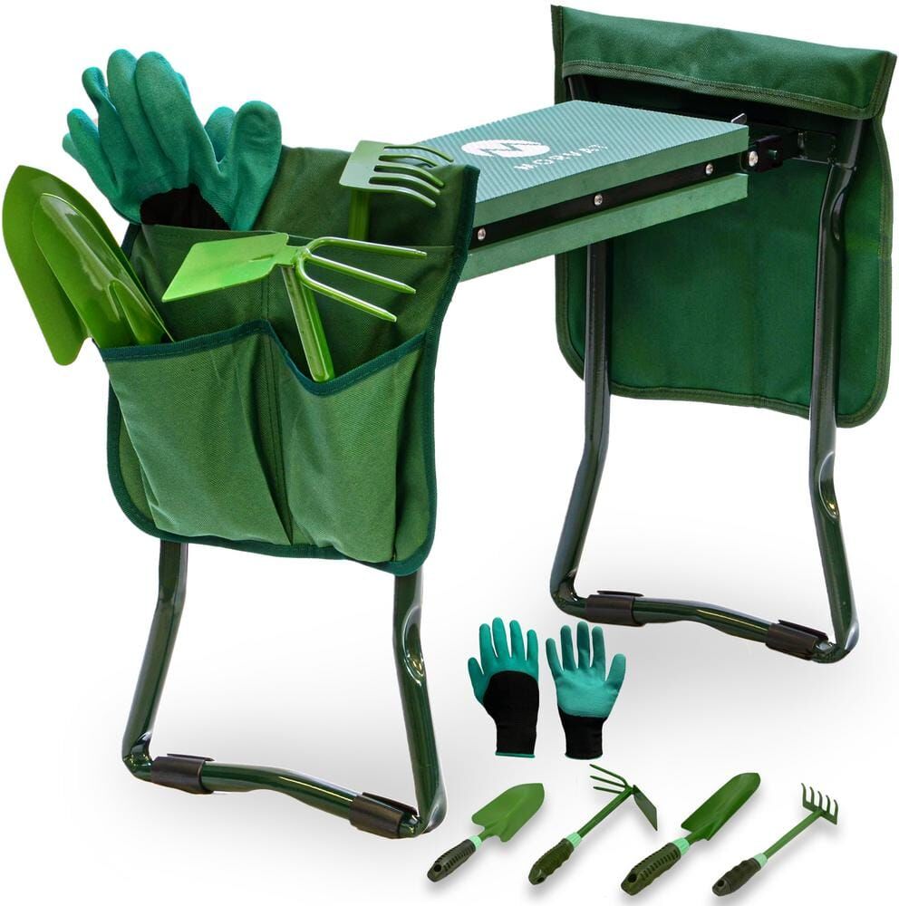 Morvat Heavy-Duty Garden Kneeler and Bench, EVA Foam Knee Protectant with Safety Locks, Plus Gardening Gloves, 4 Tools & 2 Bags