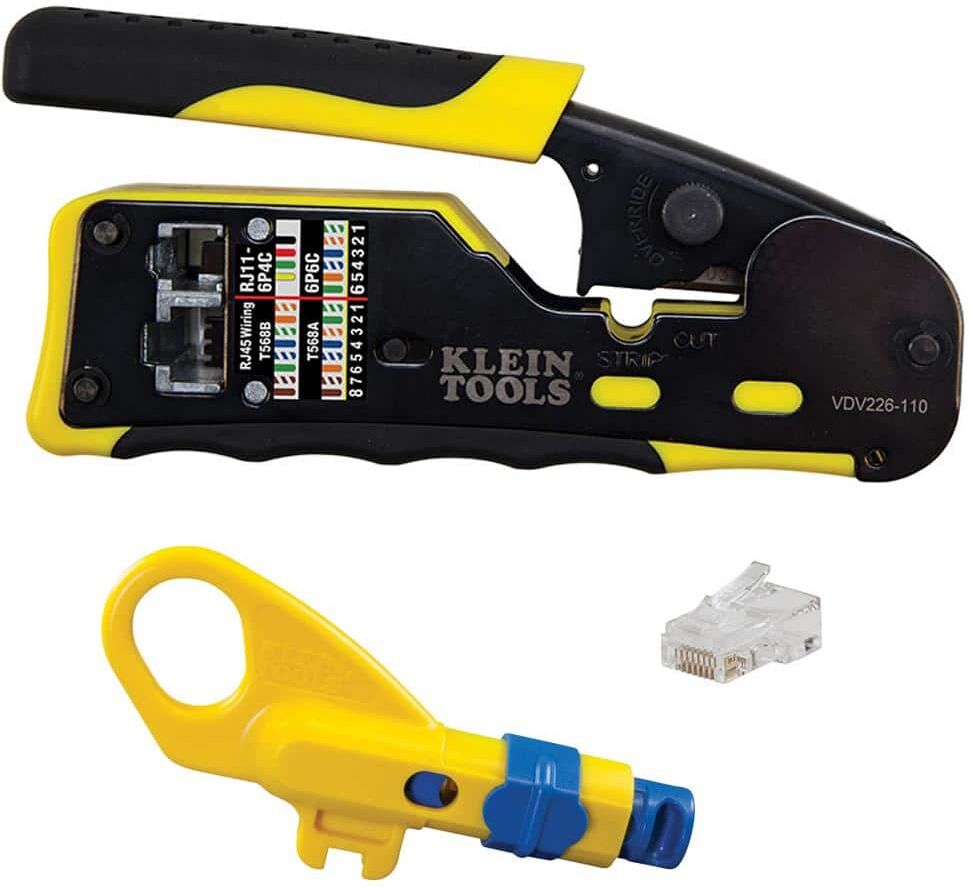 Klein Tools Ratcheting Pass-Thru Modular Crimper, Combination Radial Stripper and (20-Pack) Pass-Thru Modular Data Plugs CAT6