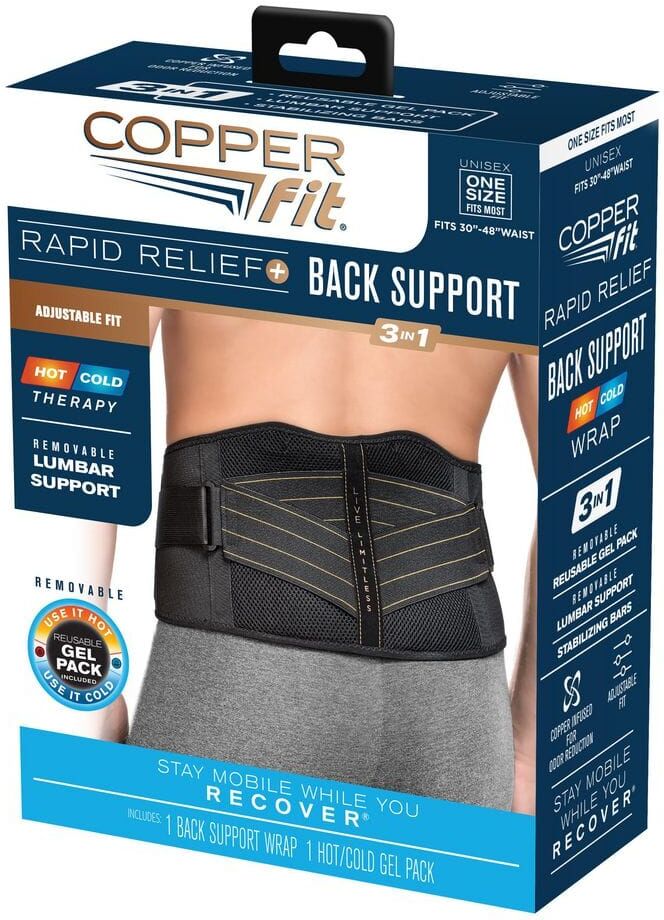 COPPER FIT Rapid Relief One Size Fits Most Copper Infused Adjustable Back Support Wrap with Gel-Pack in Black