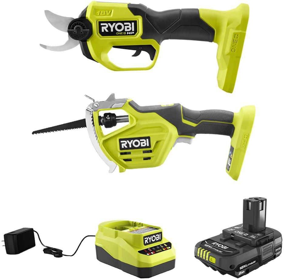 RYOBI ONE+ HP 18V Brushless Cordless Pruner and Cordless Pruning Reciprocating Saw with 2.0 Ah Battery and Charger