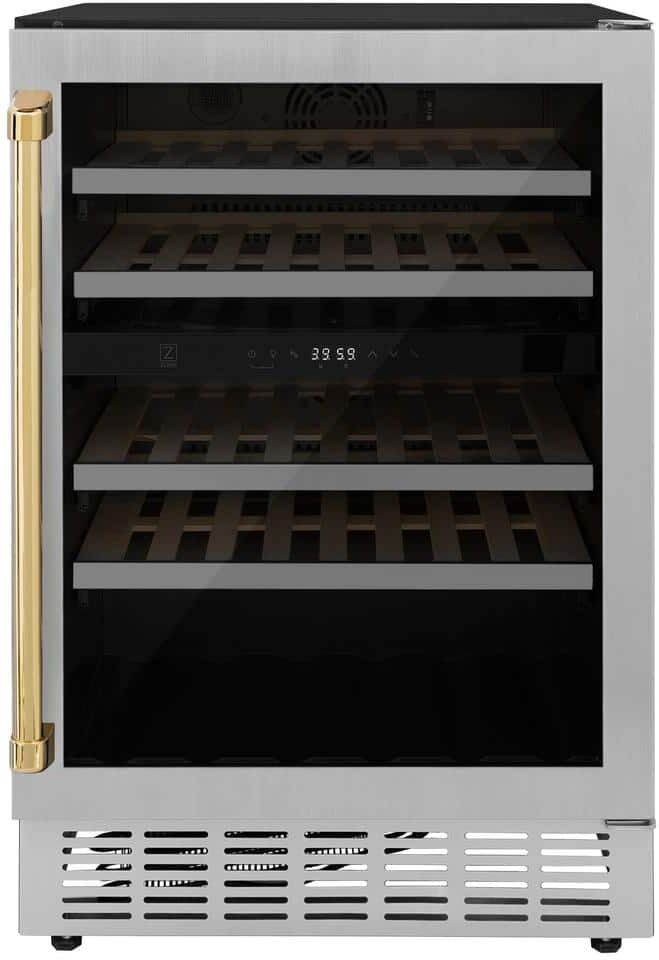 ZLINE Kitchen and Bath Monument Autograph Edition 24 in. Dual Zone 44-Bottle Wine Cooler with Polished Gold Handle in Stainless Steel