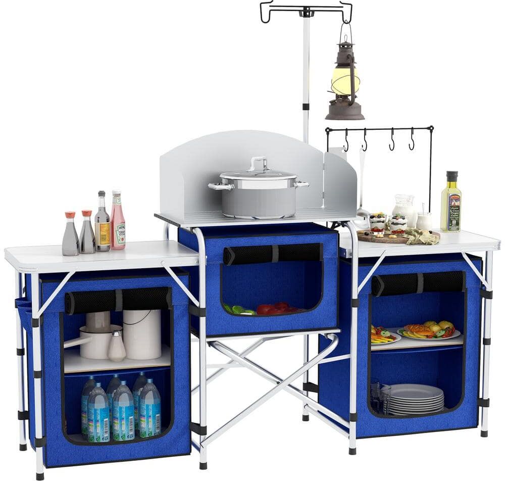 Outsunny 18.9 in. Blue Aluminum Cook Station, 5 Drawer Portable Folding Camp Kitchen Door and Drawer Combo Unit