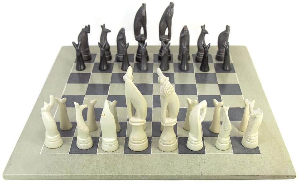 Global Crafts Hand-Carved Soapstone Chess Set with Safari Animal Pieces, Grey / Natural Stone