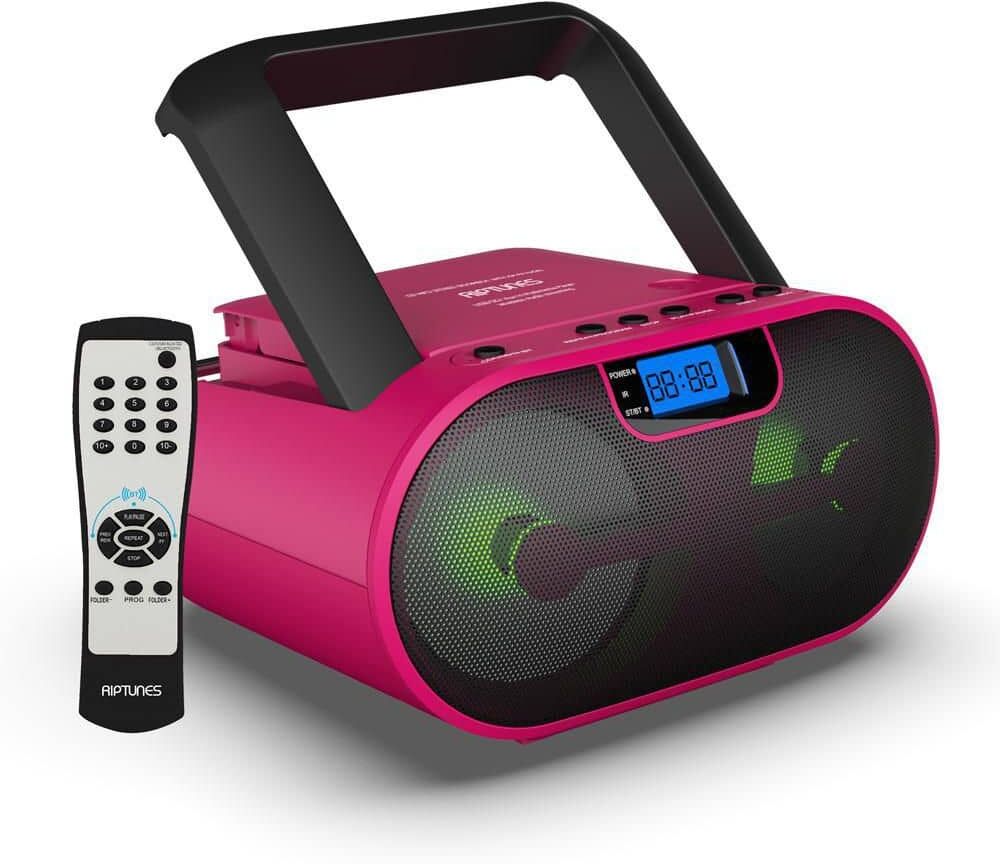 RIPTUNES Radio MP3 CD BoomBox, Connect Phone Jack via Aux., Bluetooth, USB/SD, with Remote Control - Pink