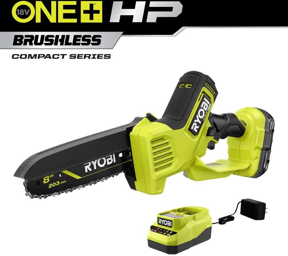 RYOBI ONE+ HP 18V Brushless 8 in. Battery Compact Pruning Mini Chainsaw with 2.0 Ah Battery and Charger