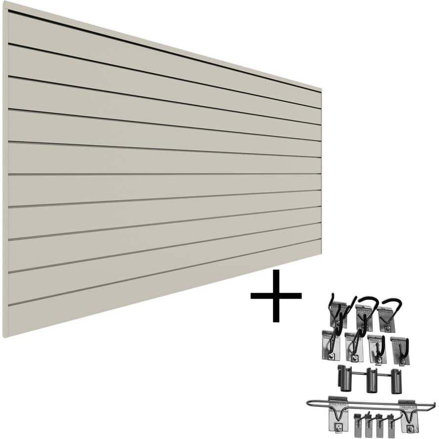 Proslat 96 in. H x 48 in. W PVC Slatwall Panel Set Sandstone Sports Bundle (1-Panel Pack 13-Accessory Pack)